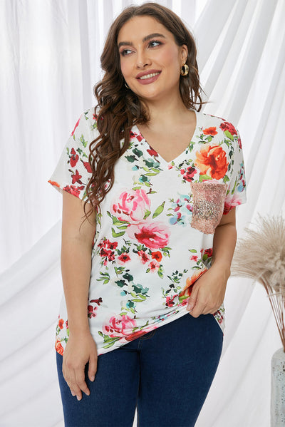 Floral Print Sequin Pocket Tee