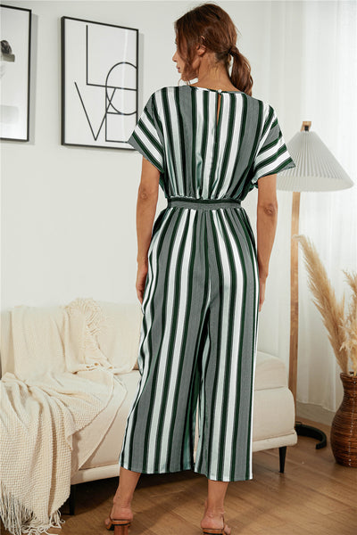 Striped V Neck Wide Leg Jumpsuit