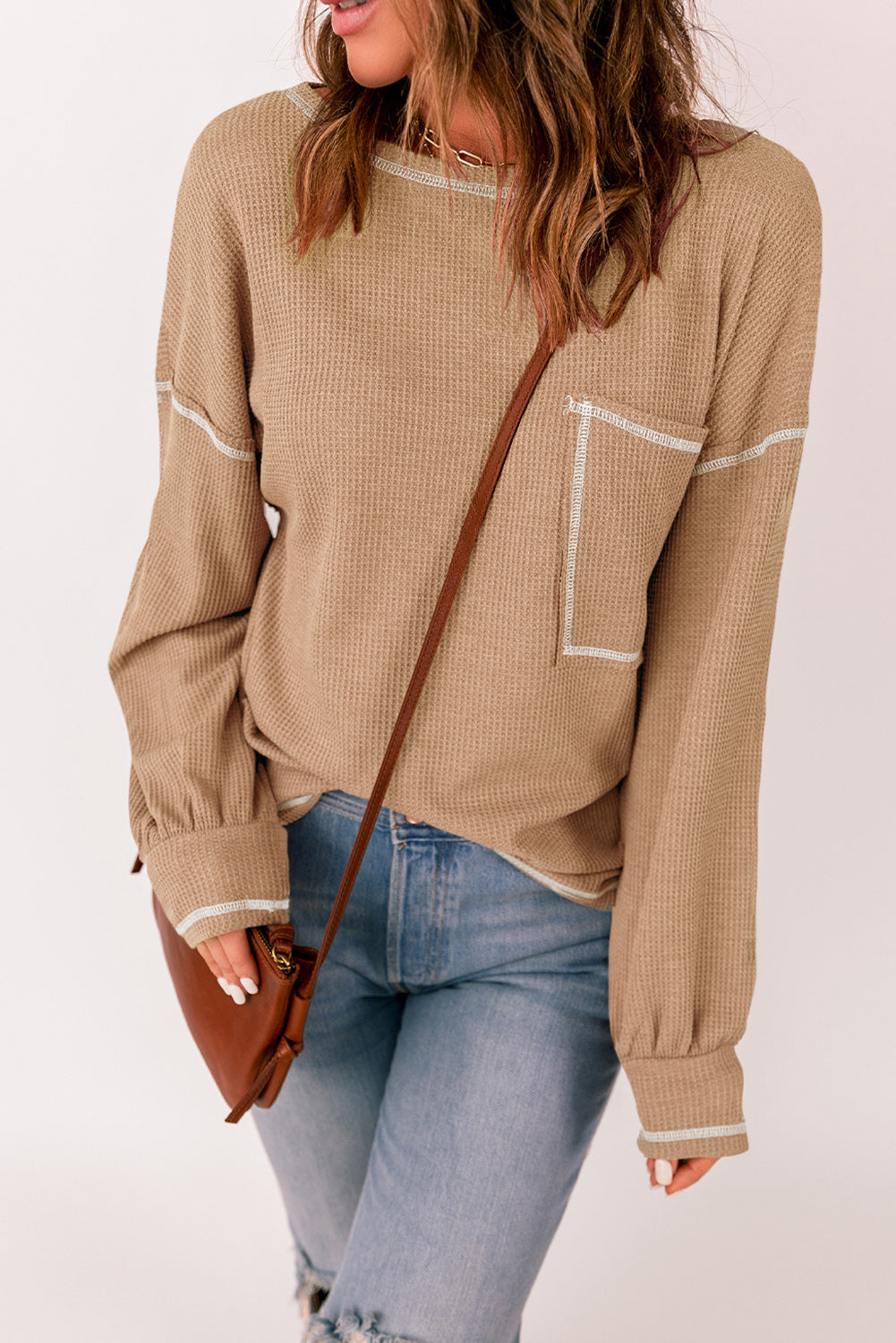 Contrast Stitching Waffle Knit Top