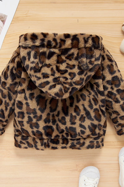 Girls Leopard Zipper Front Hooded Coat