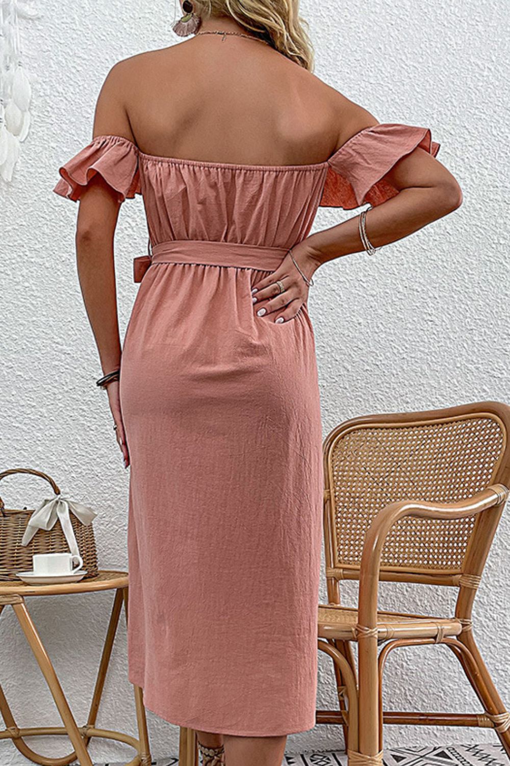 Off-Shoulder Ruffle Belted Button-Front Dress