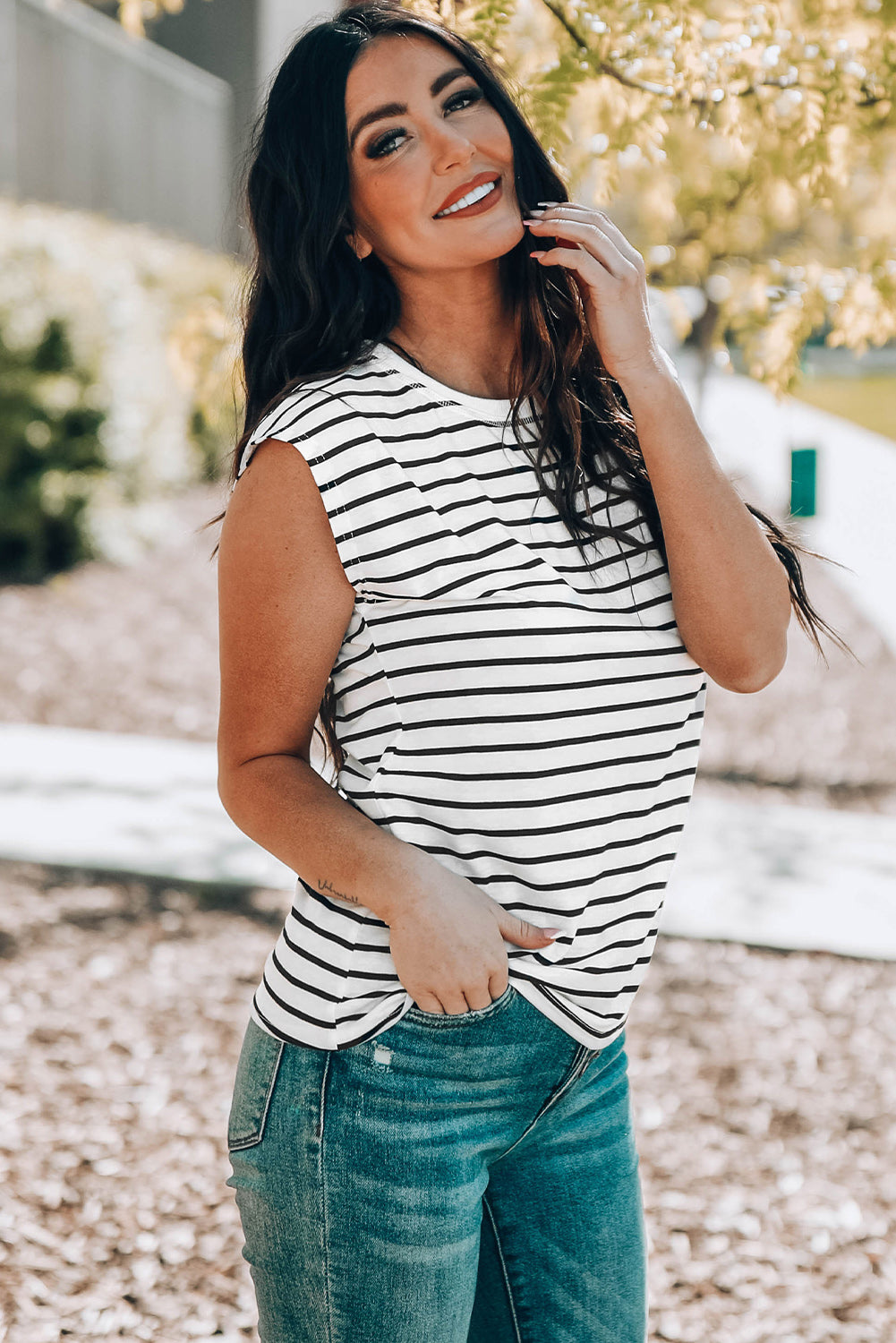 Striped Round Neck Capped Sleeve Top