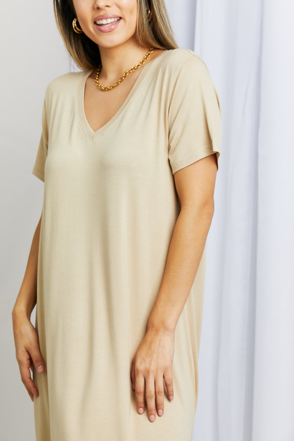 HYFVE V-Neck Short Sleeve Curved Hem Dress in Caffe Latte