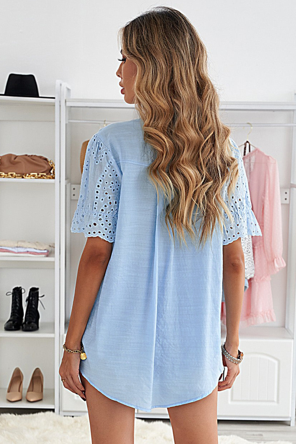 Eyelet Short Sleeve Pleated Blouse