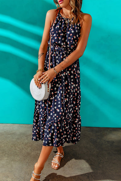 Polka Dot Belted Sleeveless Maxi Tiered Dress